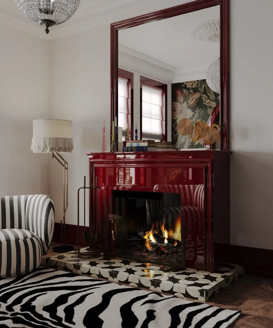 Stylish Red Fireplace with Bold Patterns