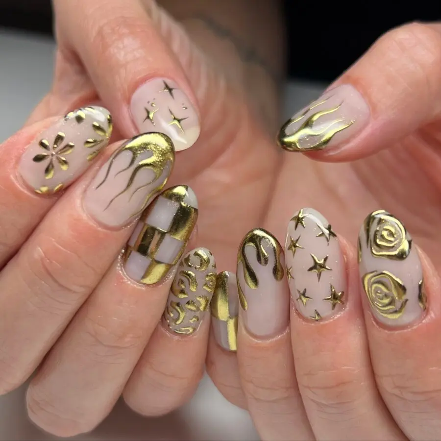 Chic gold nail art with creative designs