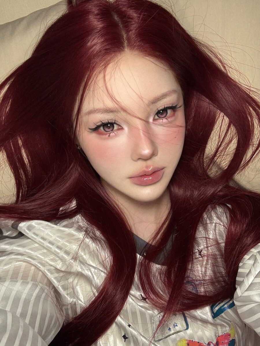 Bold Gyaru Makeup Featuring Stunning Red Hair