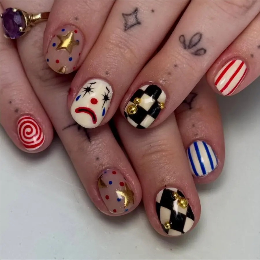 Whimsical Clown-Inspired Halloween Nail Art