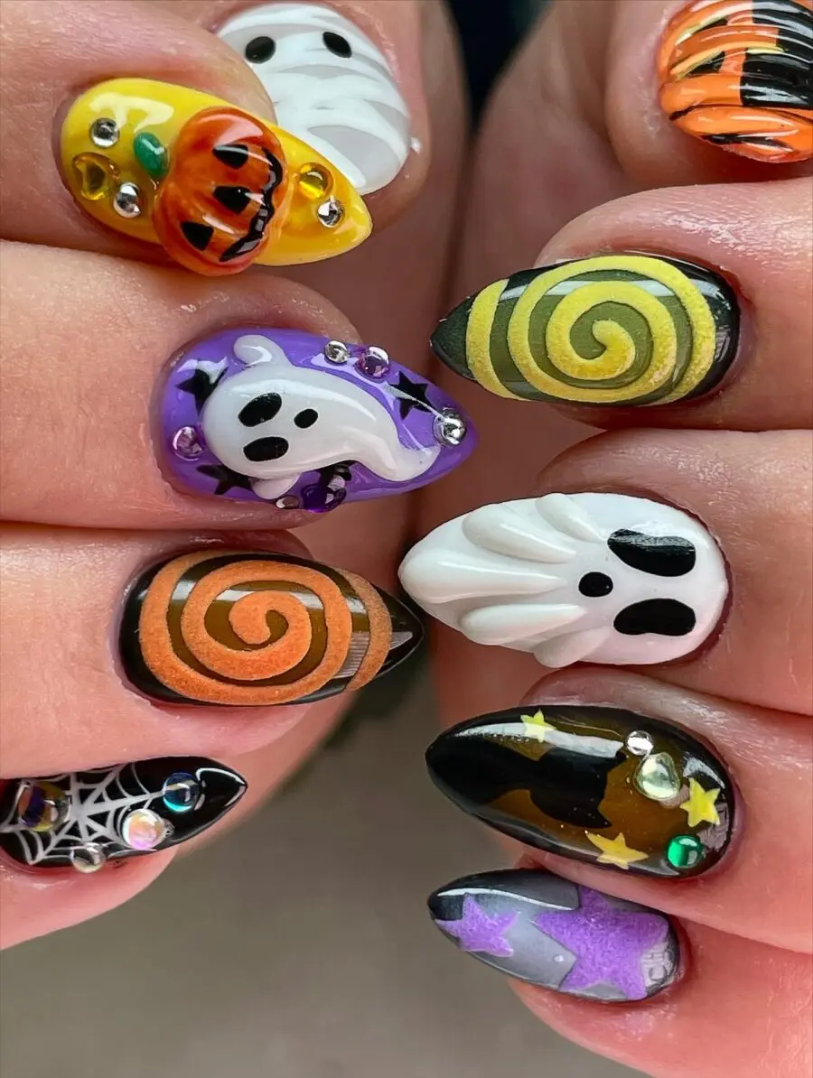 Vibrant Halloween-themed nail art showcase