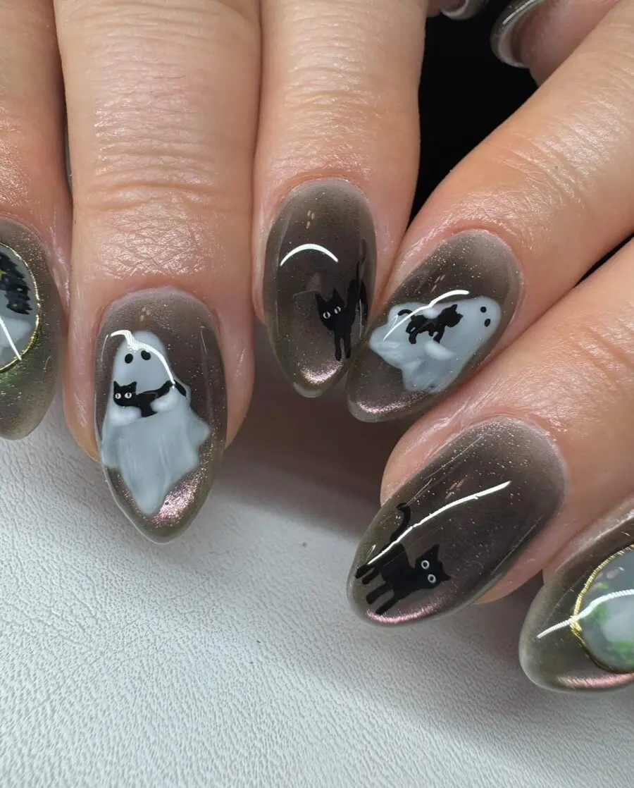 Spooky Nails with Ghosts and Cats