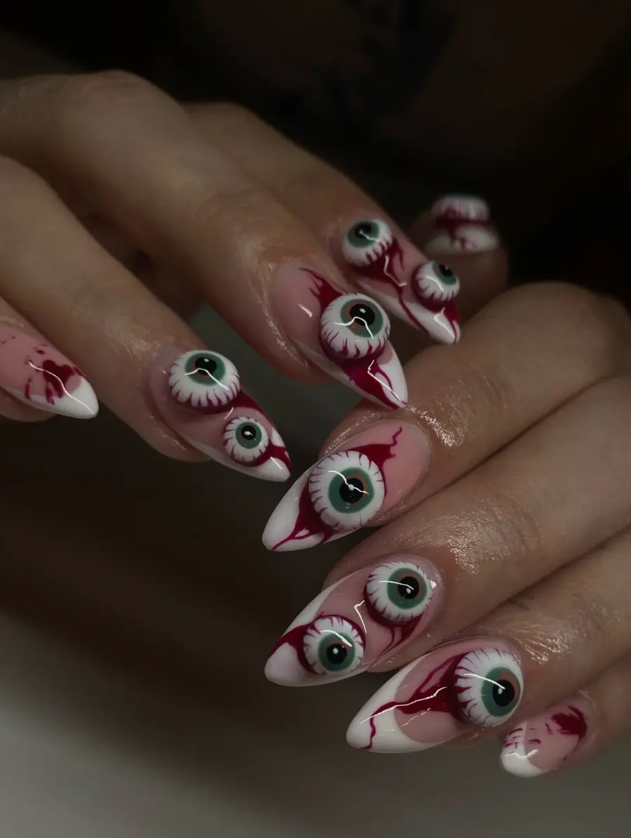 Unique Eyeball and Blood Halloween Nail Design