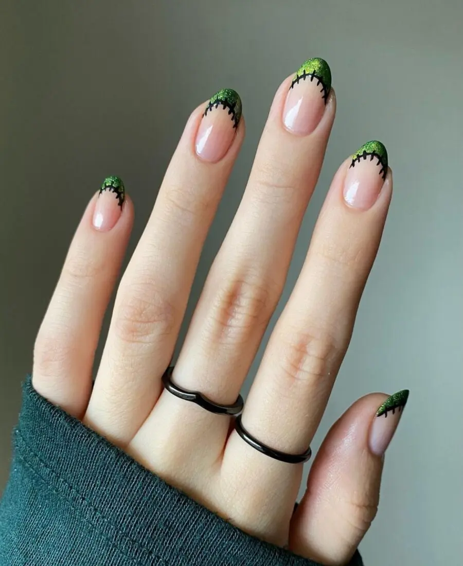 Trendy Frankenstein-inspired Halloween French tips