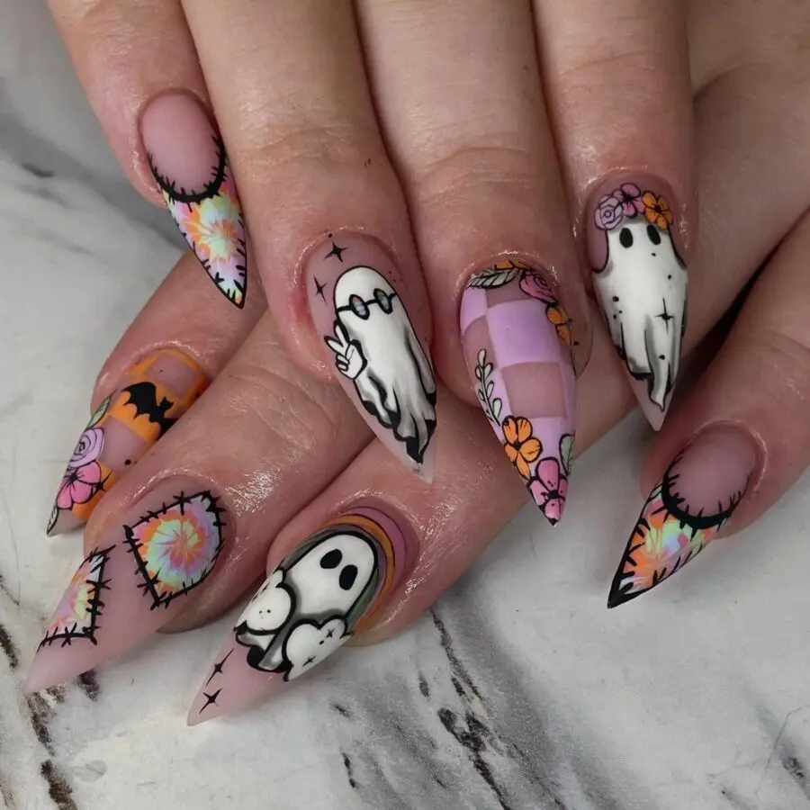 Charming Halloween Ghost and Floral Nail Art