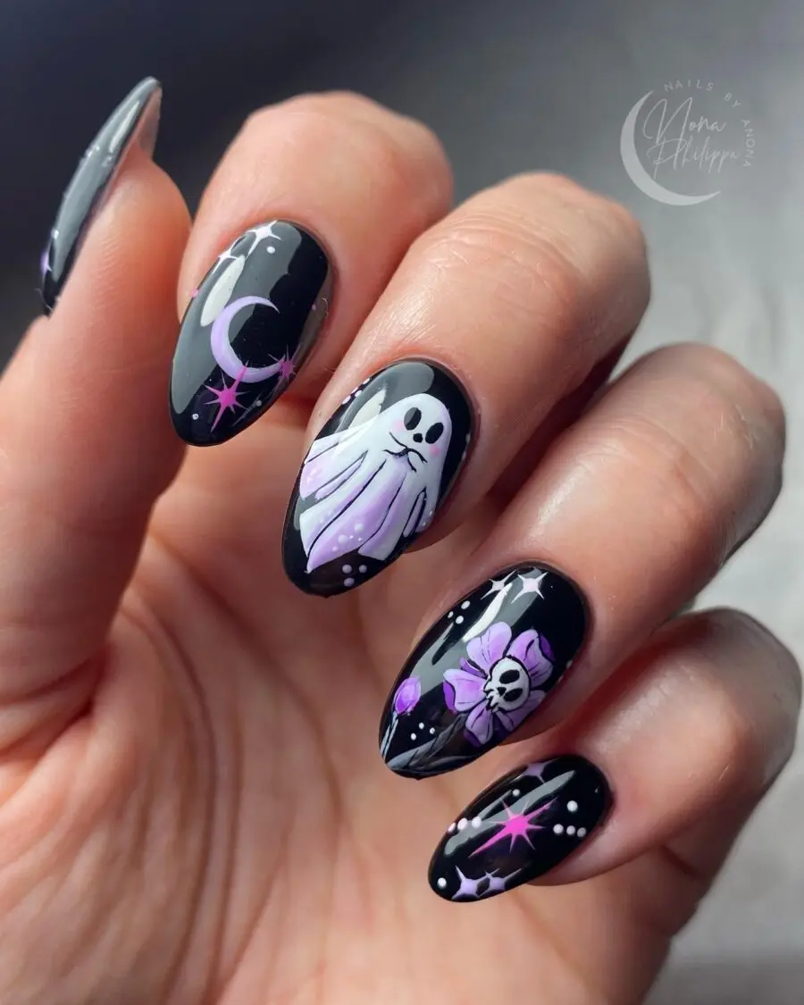 Spooky Ghosts and Moons on Black Nails