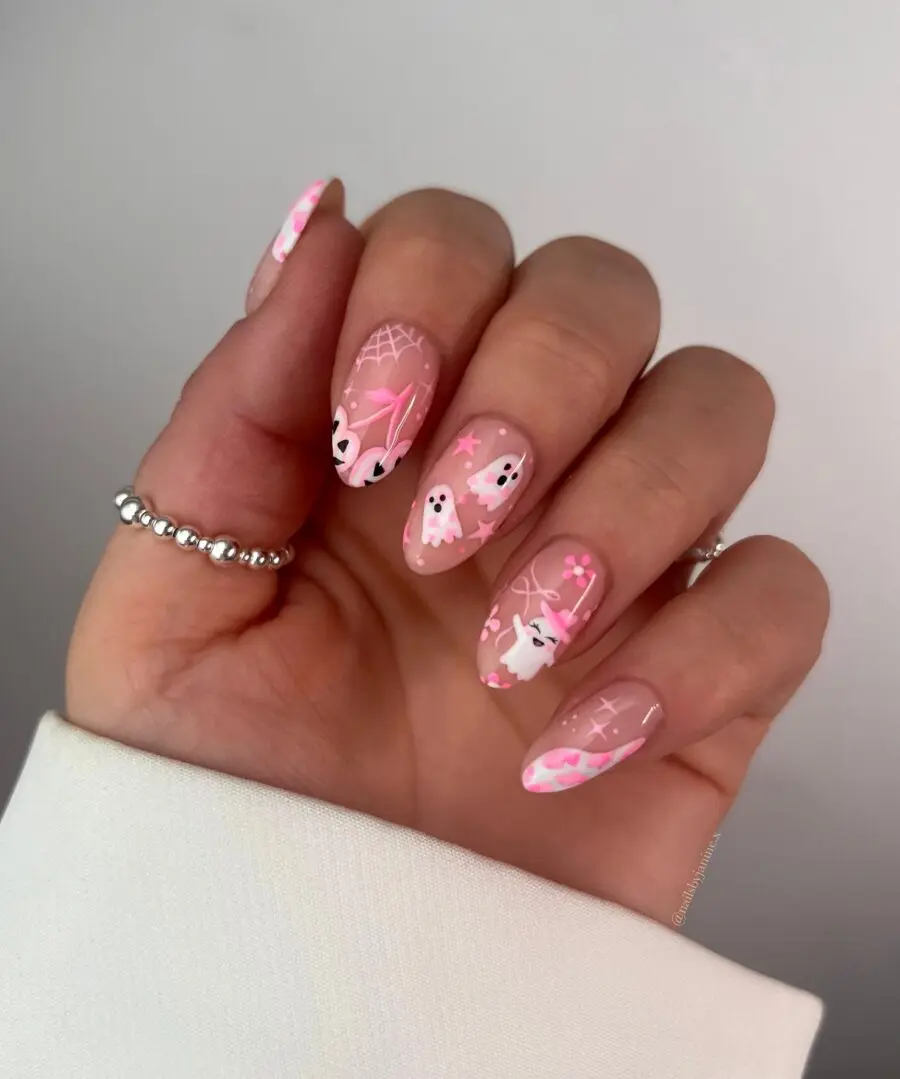 Cute Ghosts on Pink Halloween Nails