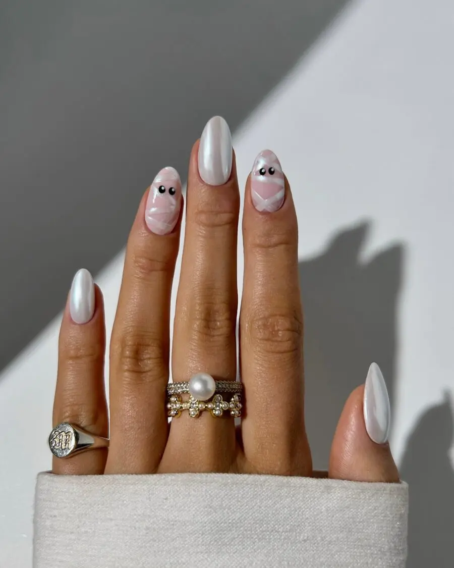 Cute Halloween Mummy and Ghost Nail Design