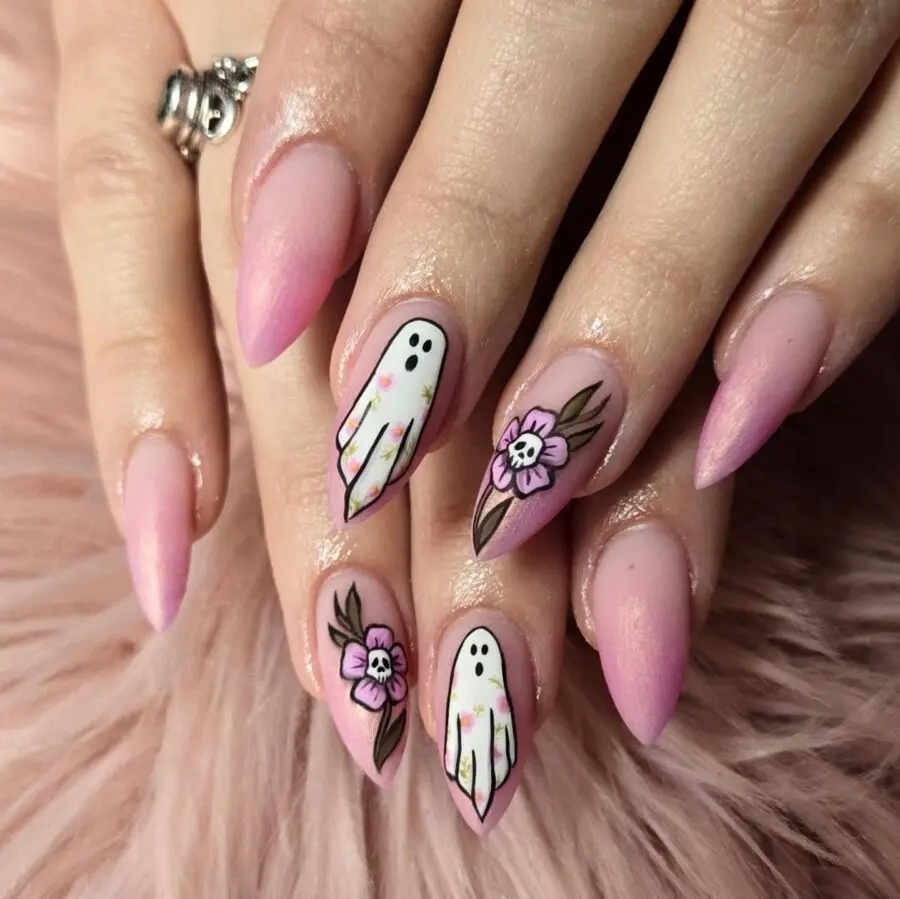Spooky and Cute Ghost Floral Nail Art