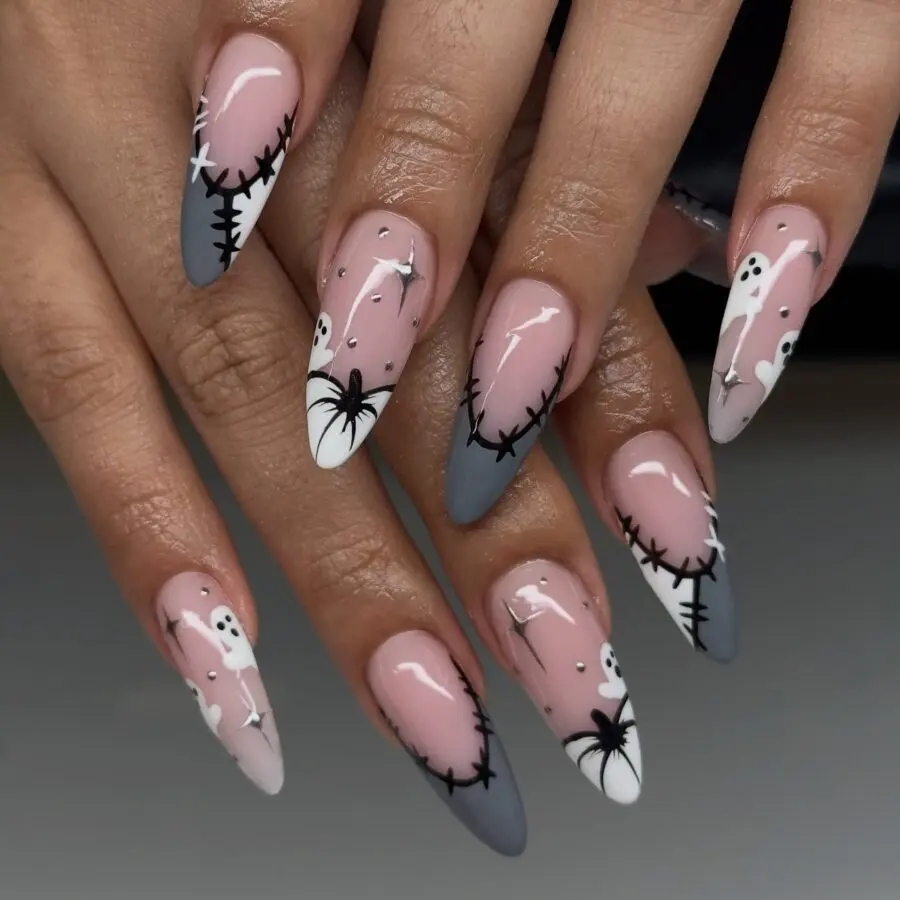Spooky Pink and Grey Halloween Nail Art