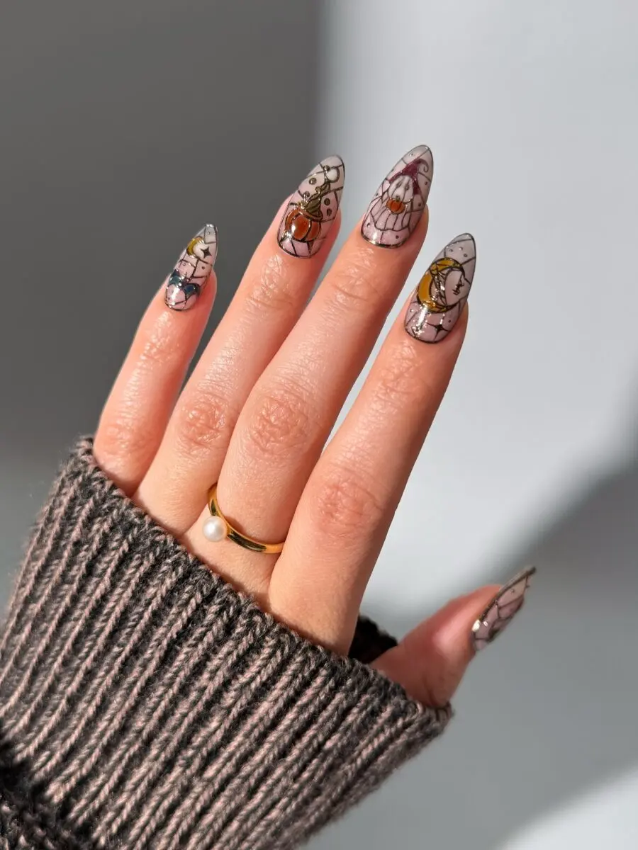 Stylish Halloween Nails with Floral Touch