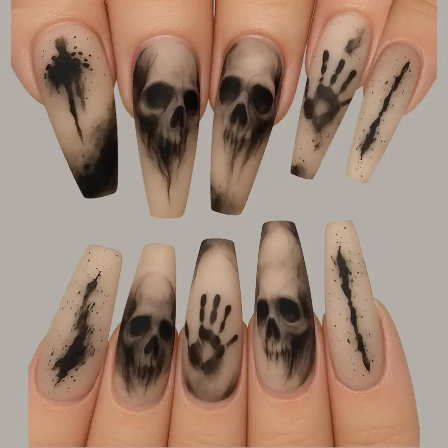 Spooky Skull and Handprint Halloween Nails