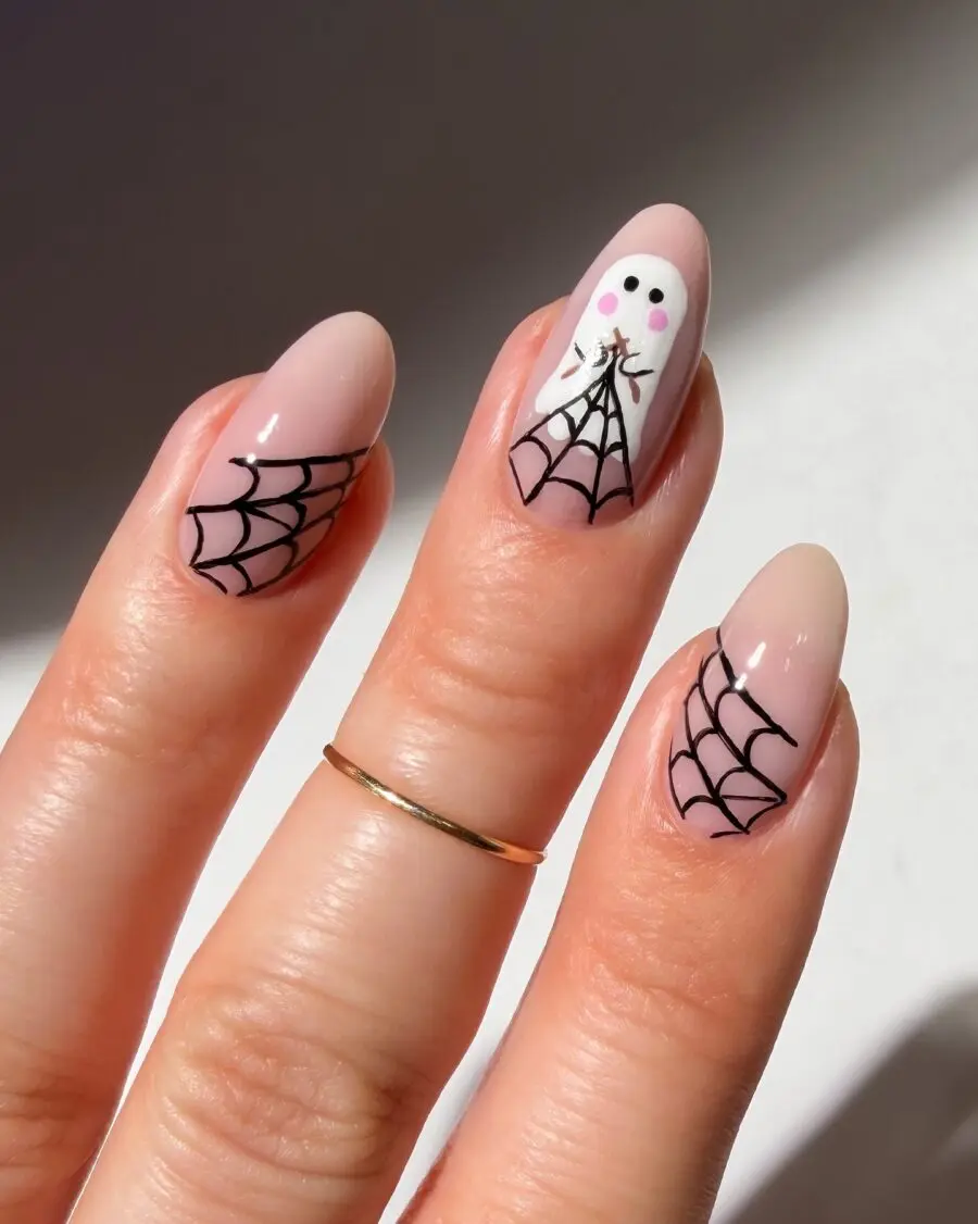 Cute Halloween Nails with Ghost and Spiderweb