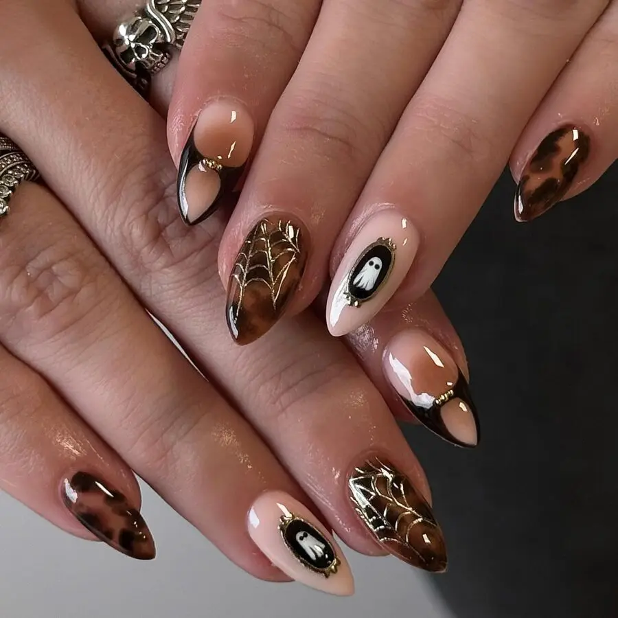 Spooky Halloween Nails with Ghost and Web Design
