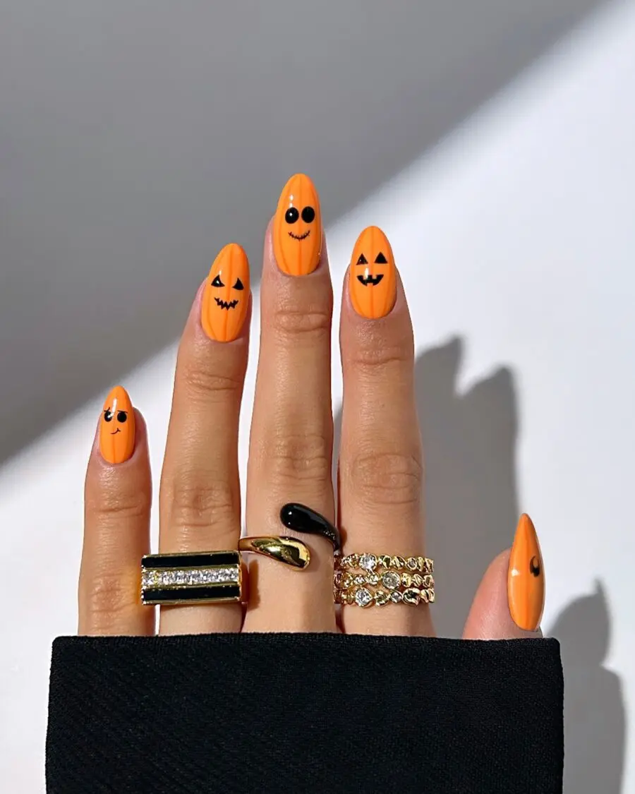 Spooky Orange Nails With Pumpkin Faces