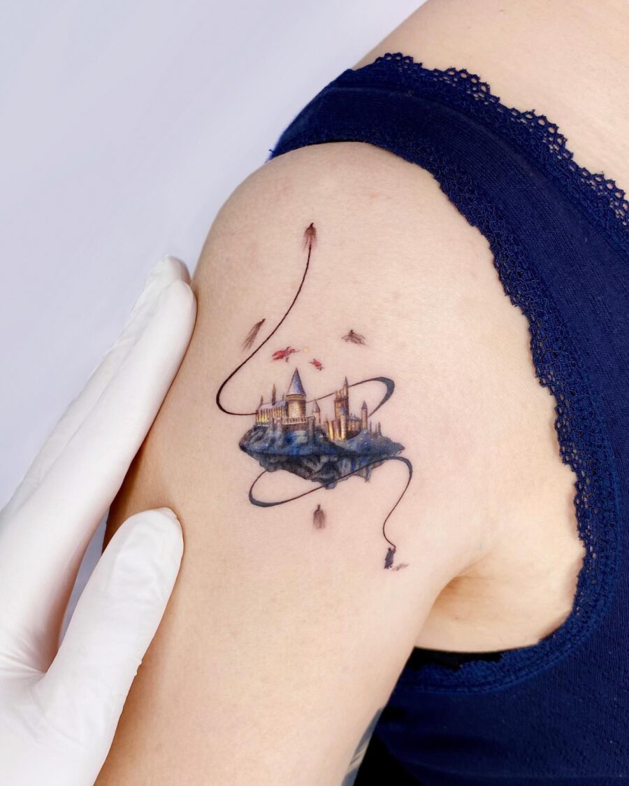Enchanting Hogwarts Castle Tattoo on Skin