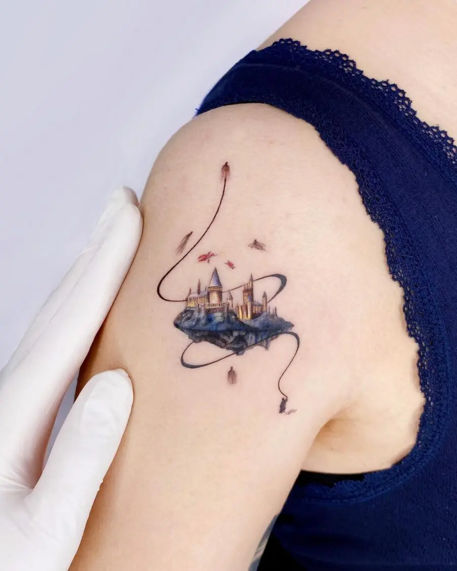 Enchanting Hogwarts Castle Tattoo on Skin