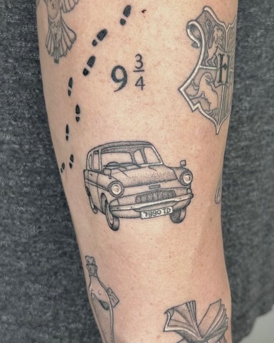Unique Ford Anglia Tattoo with Magical Elements