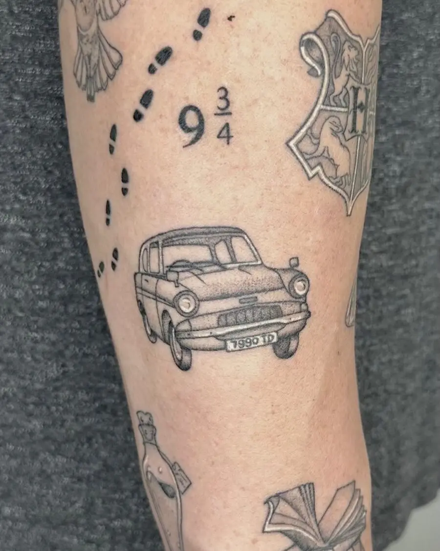 Unique Ford Anglia Tattoo with Magical Elements