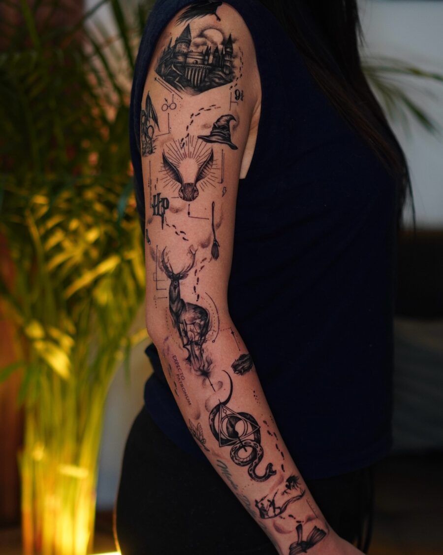 Intricate Harry Potter-Themed Tattoo Sleeve