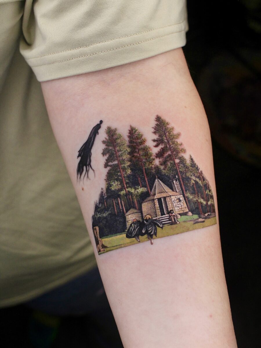 Hagrid's Hut Tattoo Surrounded by Enchanted Forest