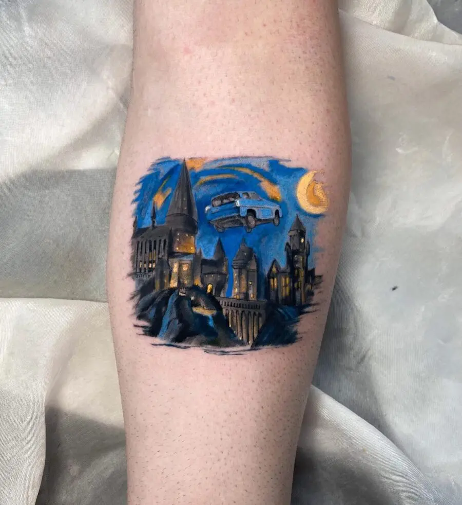 A whimsical Hogwarts scene with a flying car tattoo