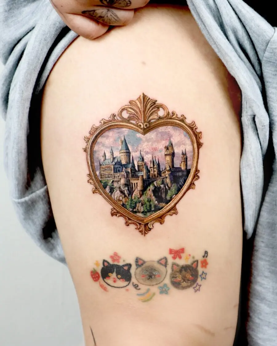 Beautiful Hogwarts castle in ornate heart frame