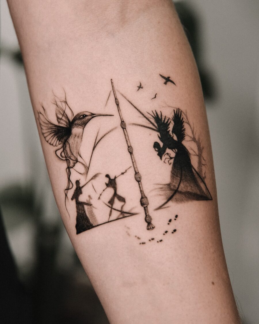 Whimsical Hummingbird and Wand Tattoo Design