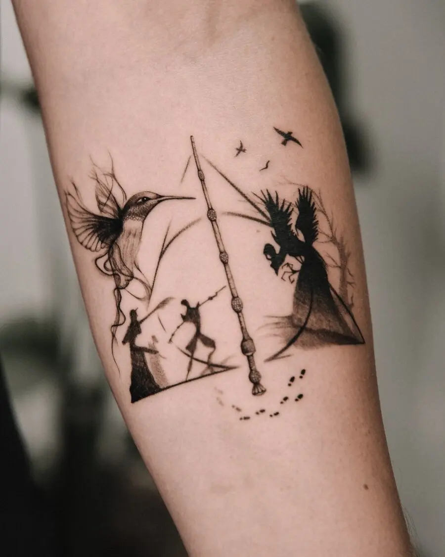 Whimsical Hummingbird and Wand Tattoo Design