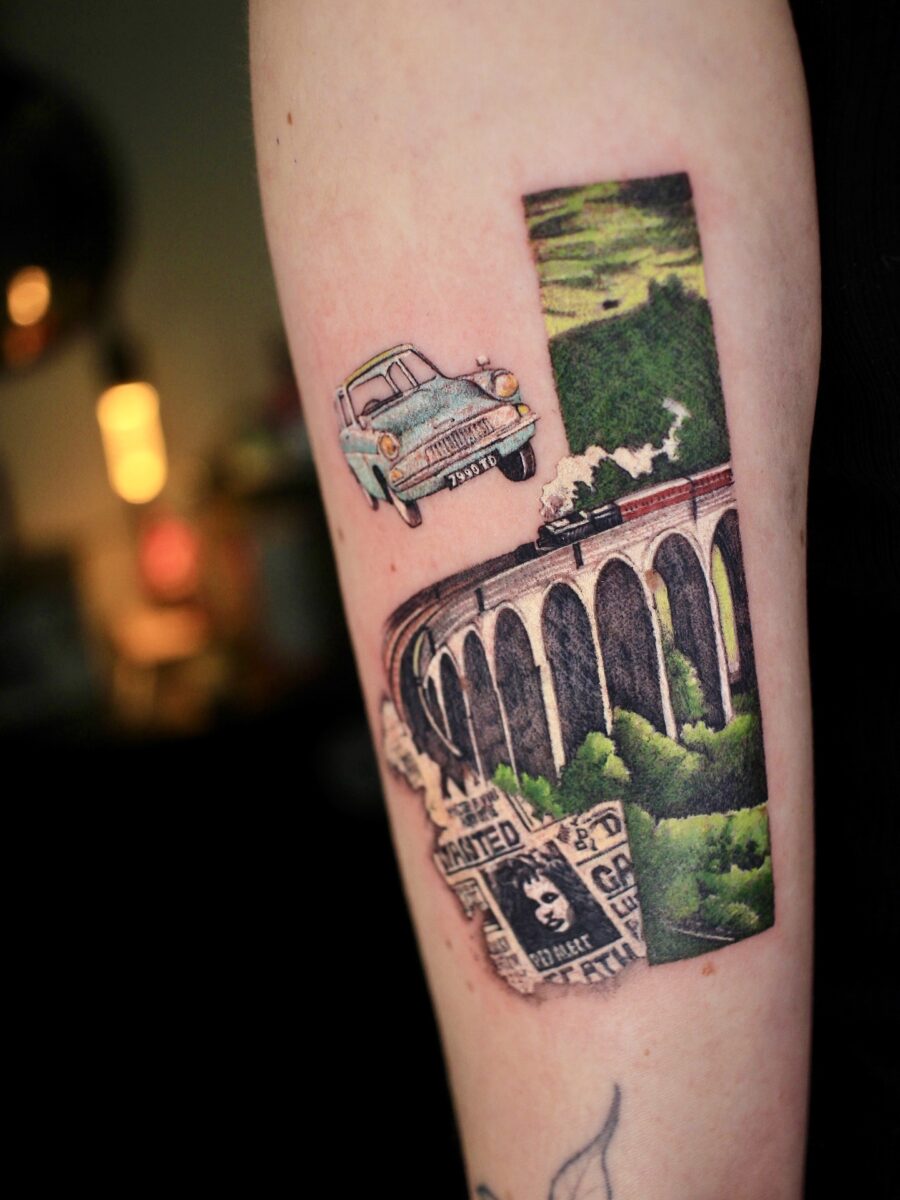 Magical flying car tattoo captures Harry Potter charm