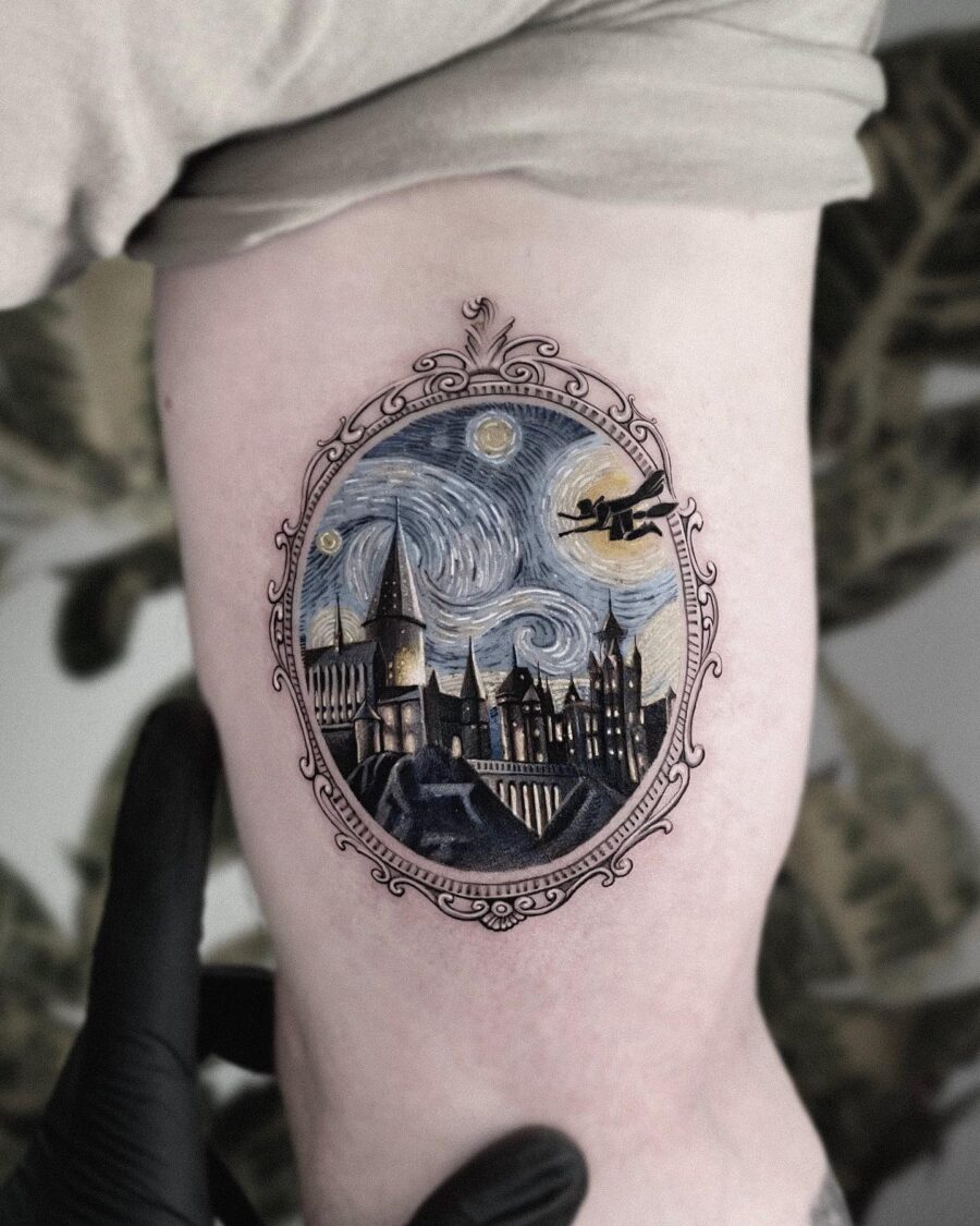 Whimsical Hogwarts Tattoo in Starry Night Style