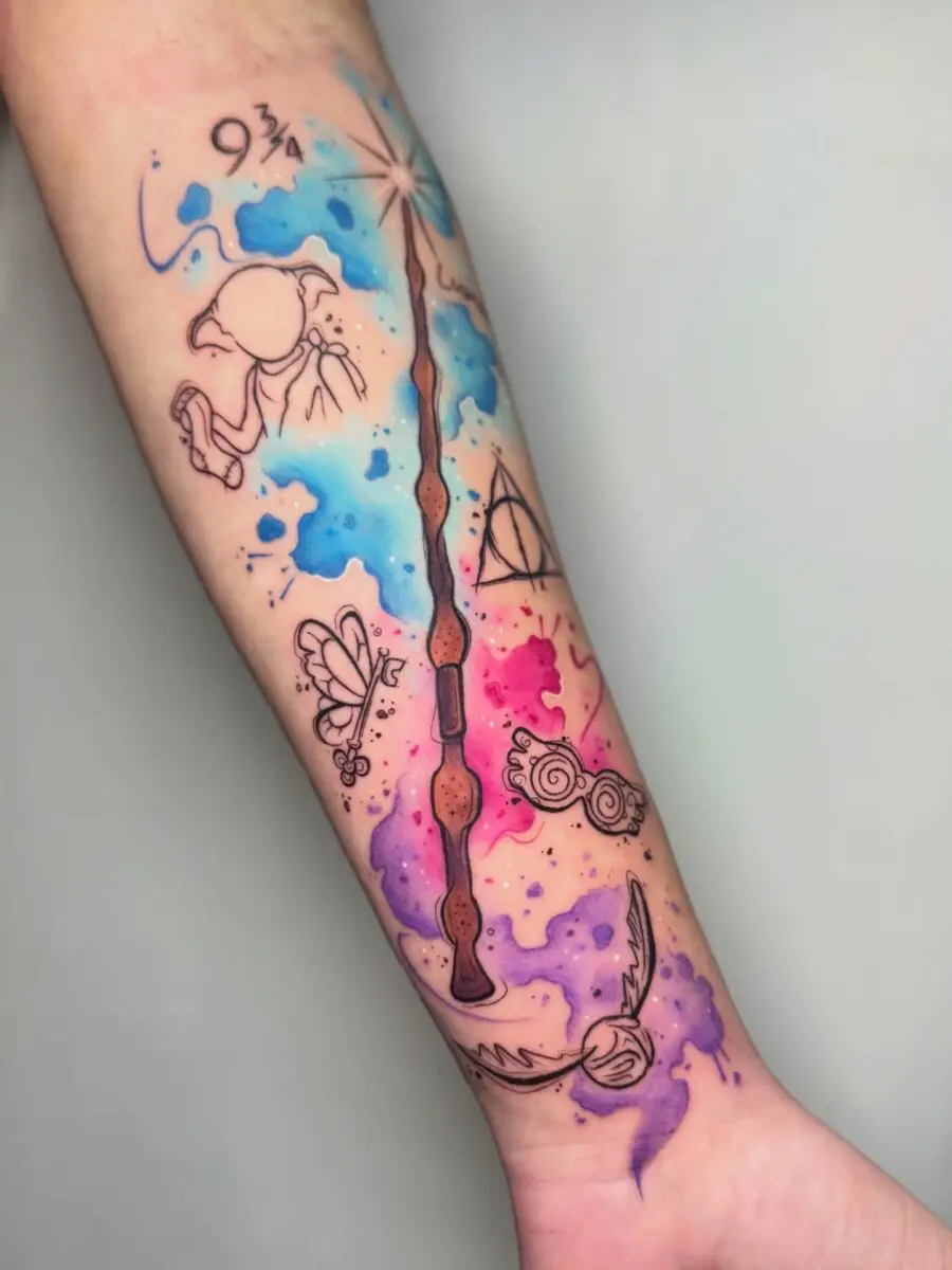 Magical wand tattoo with vibrant colors
