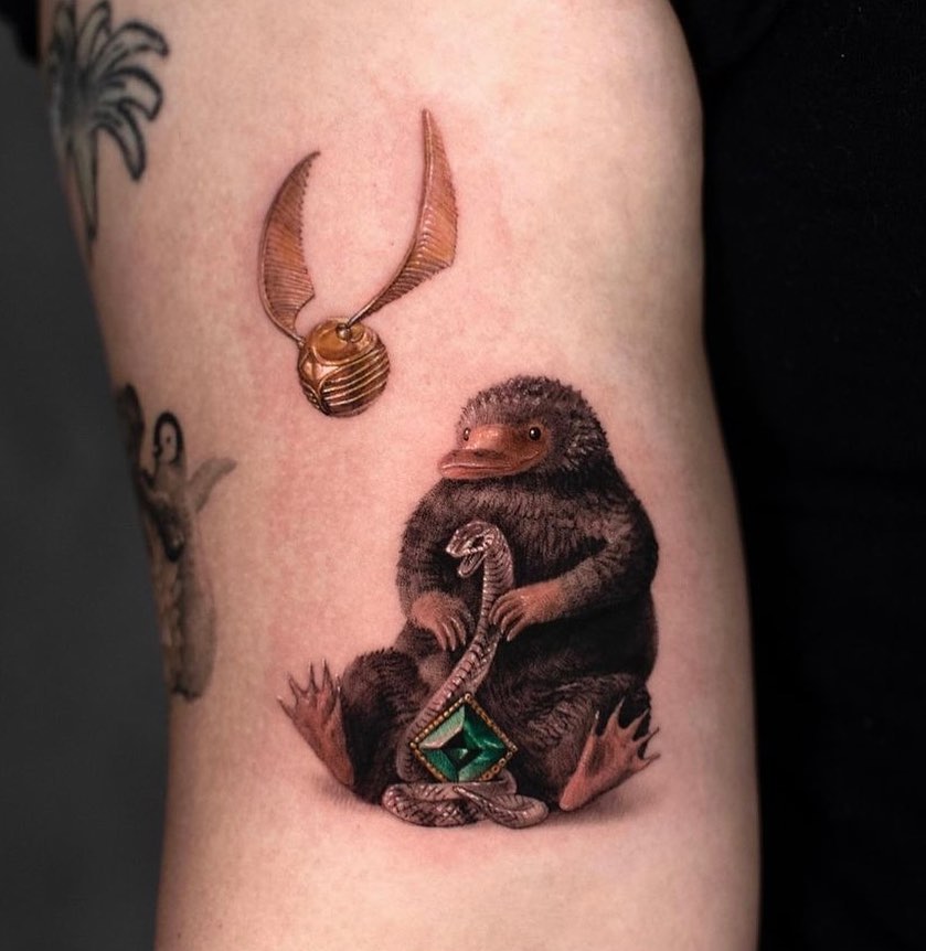 Whimsical Harry Potter-themed creature tattoos