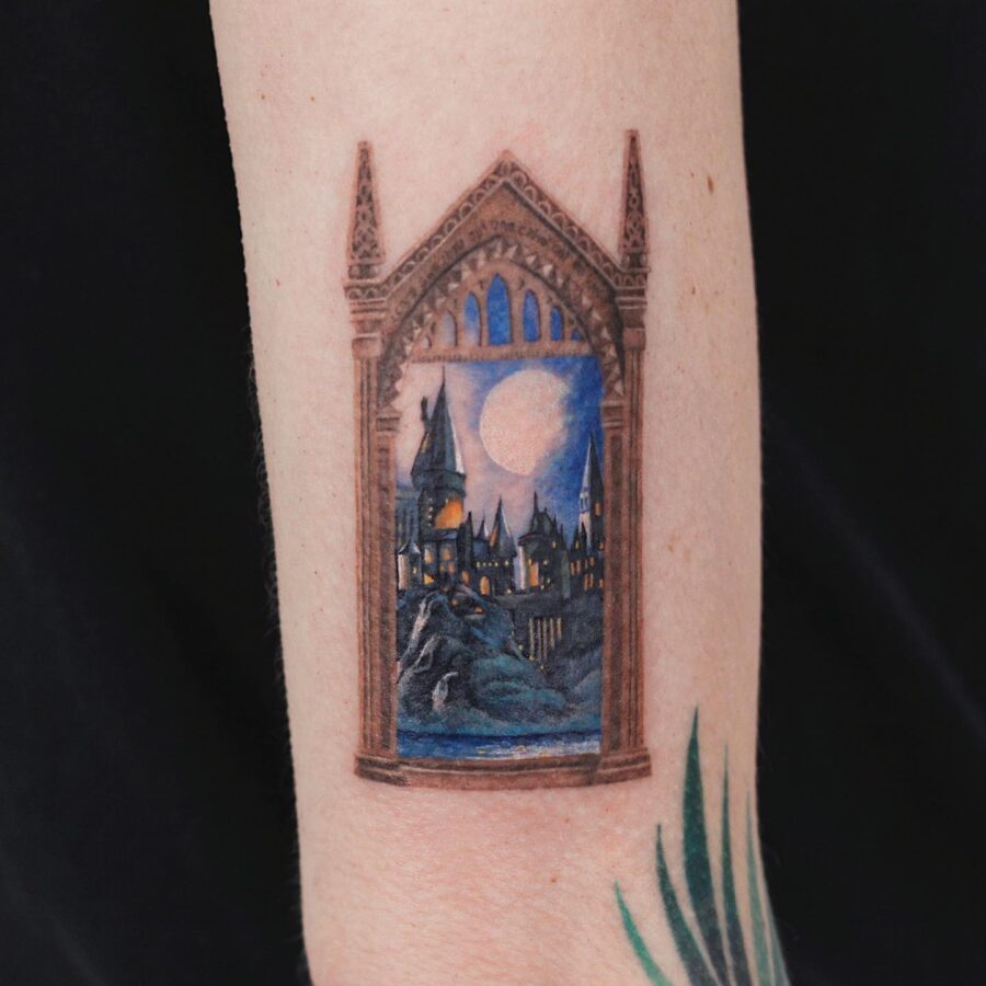 A Beautiful Hogwarts Castle Tattoo in a Frame