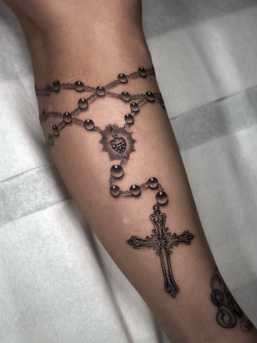 Intricate Rosary-Inspired Memorial Tattoo Design