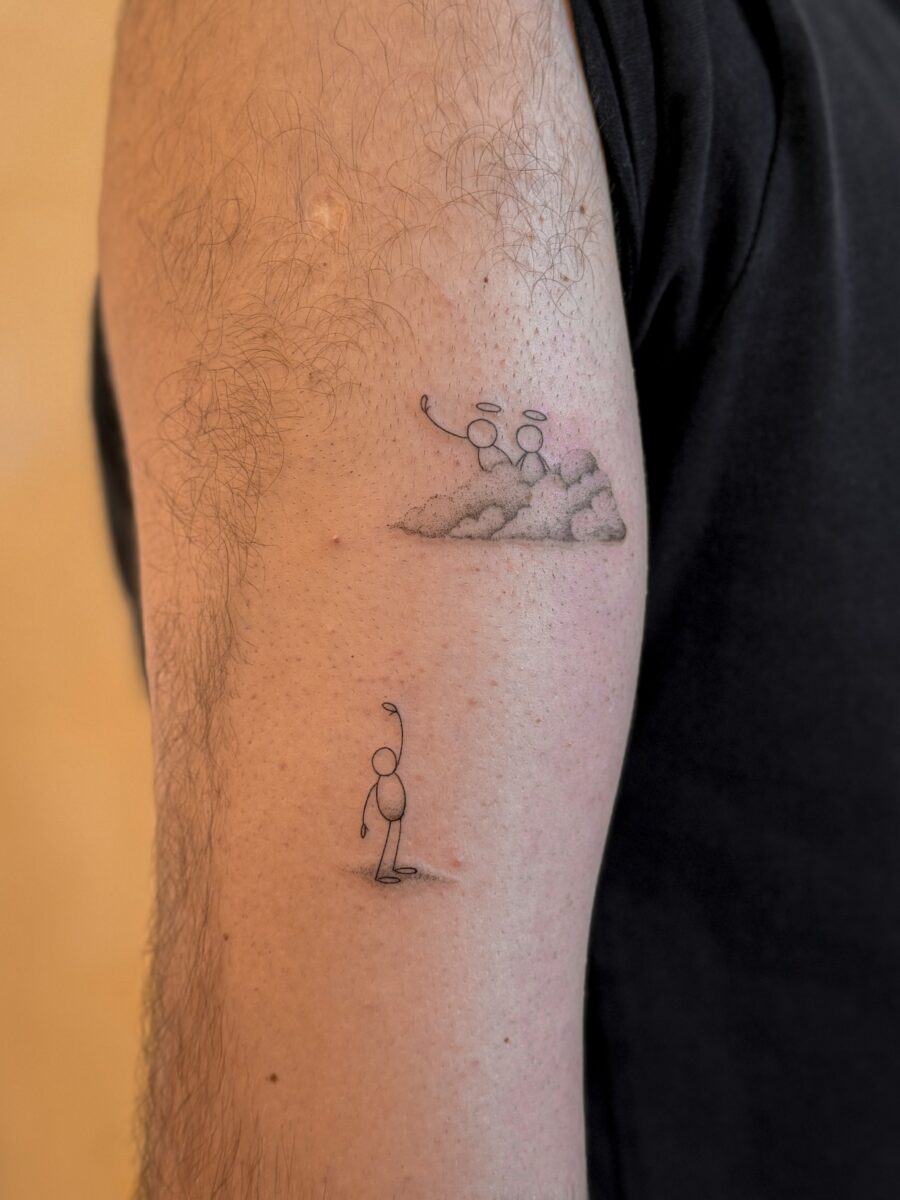 Playful stick figure tattoos with emotional depth