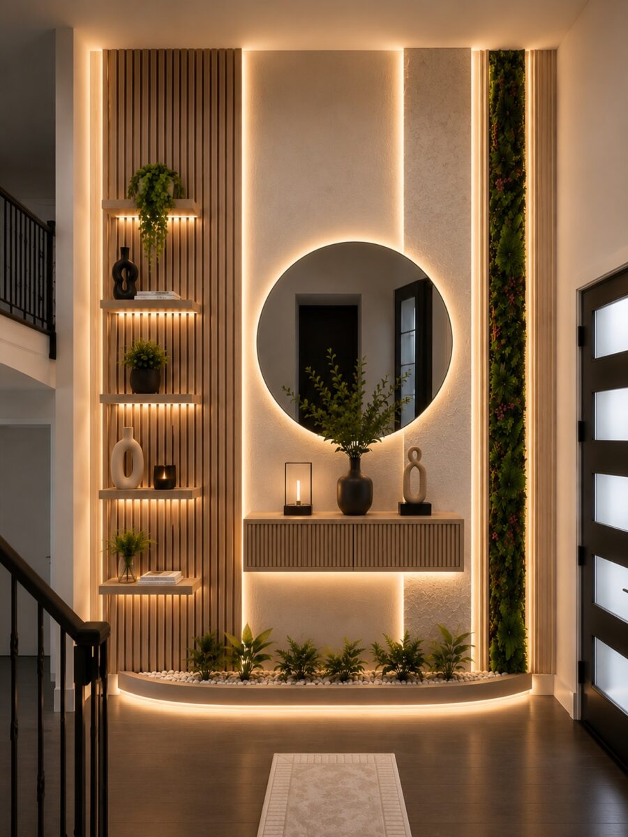 Elegant mirror wall decor with ambient lighting