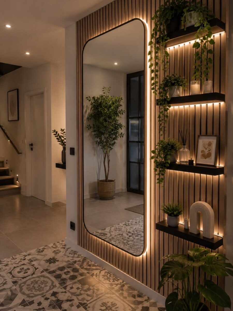 Stylish mirror with illuminated wall features