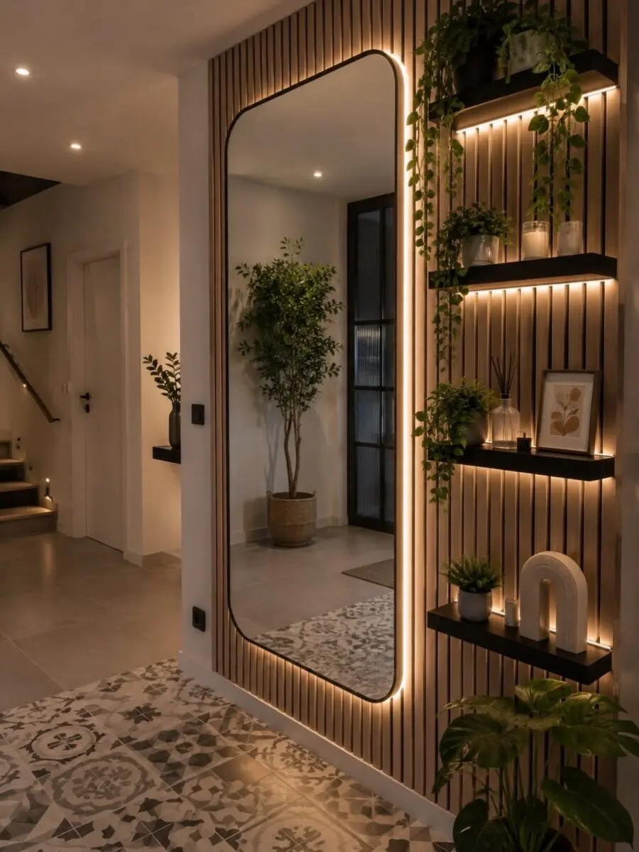 Stylish mirror with illuminated wall features