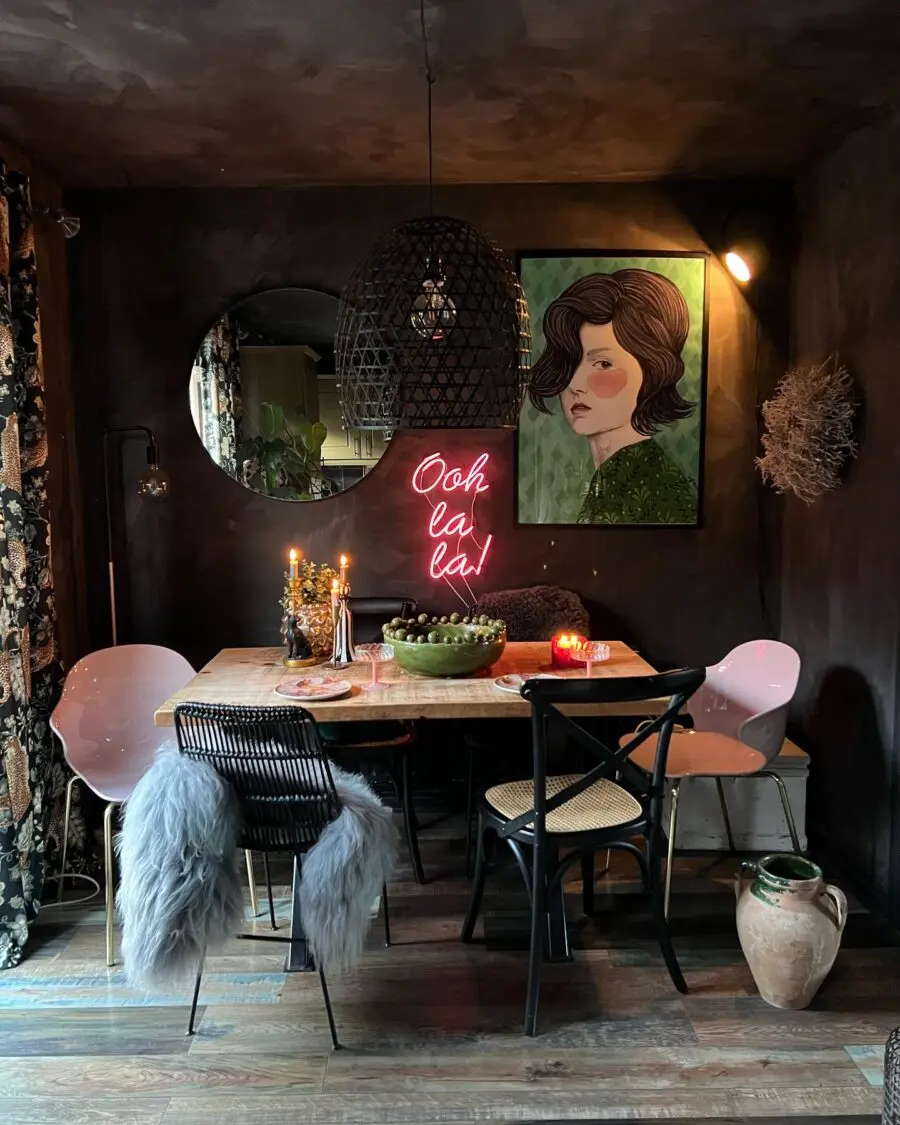 Chic bohemian dining room with vibrant art