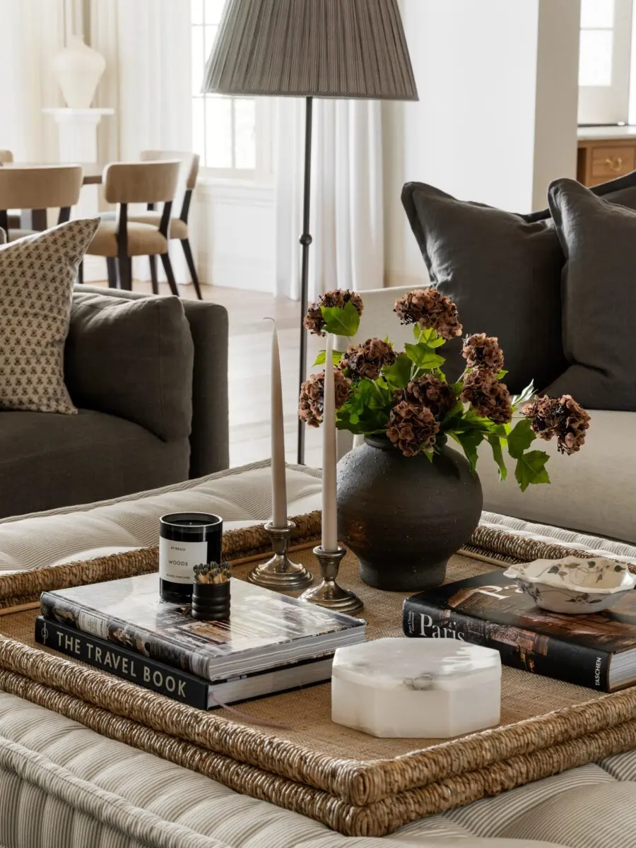 Elegant coffee table with warm, inviting accents