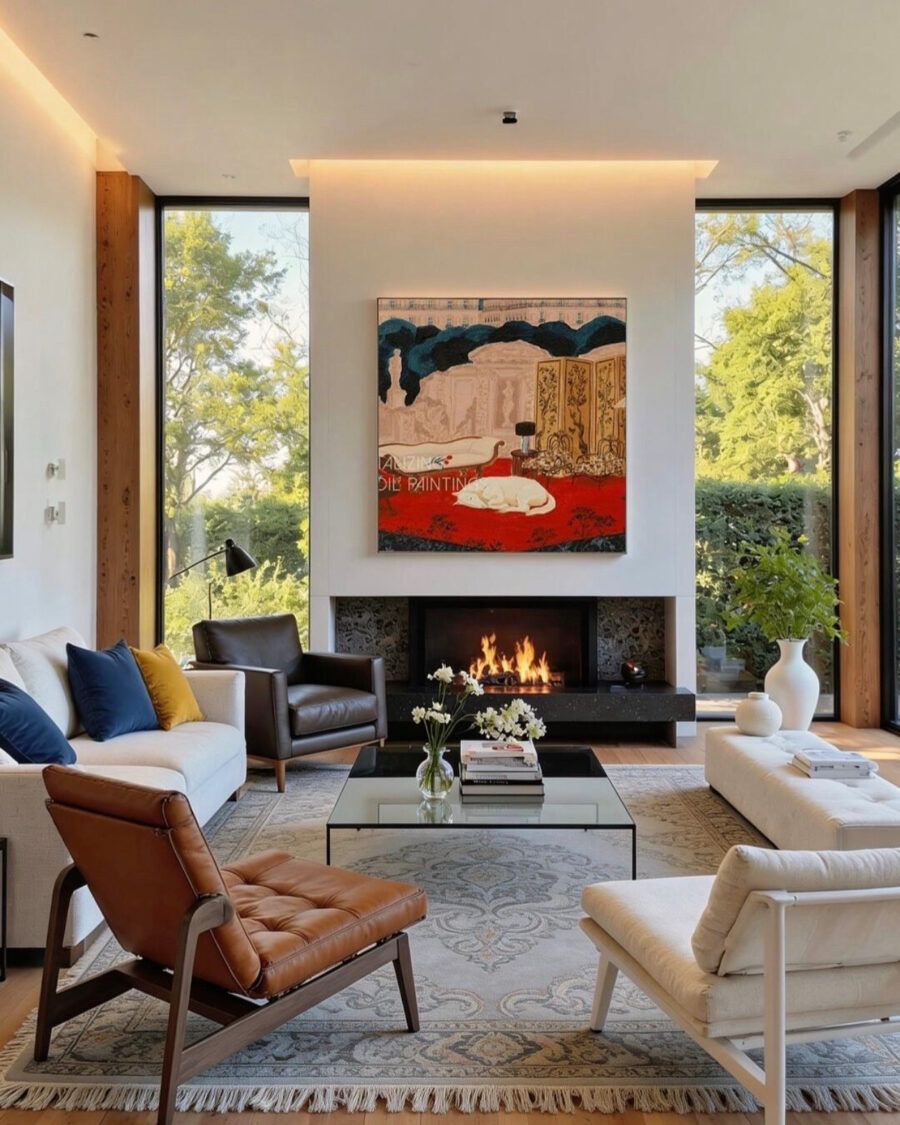 Sleek and modern fireplace design captivates attention.