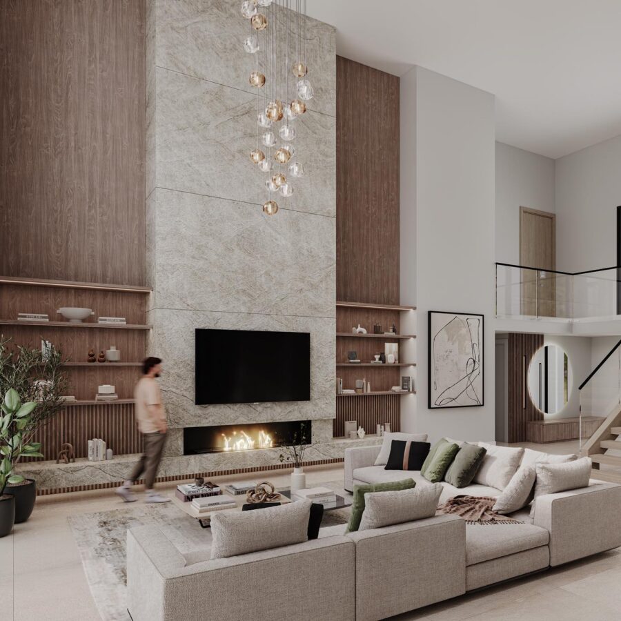 Stylish modern living room with elegant fireplace
