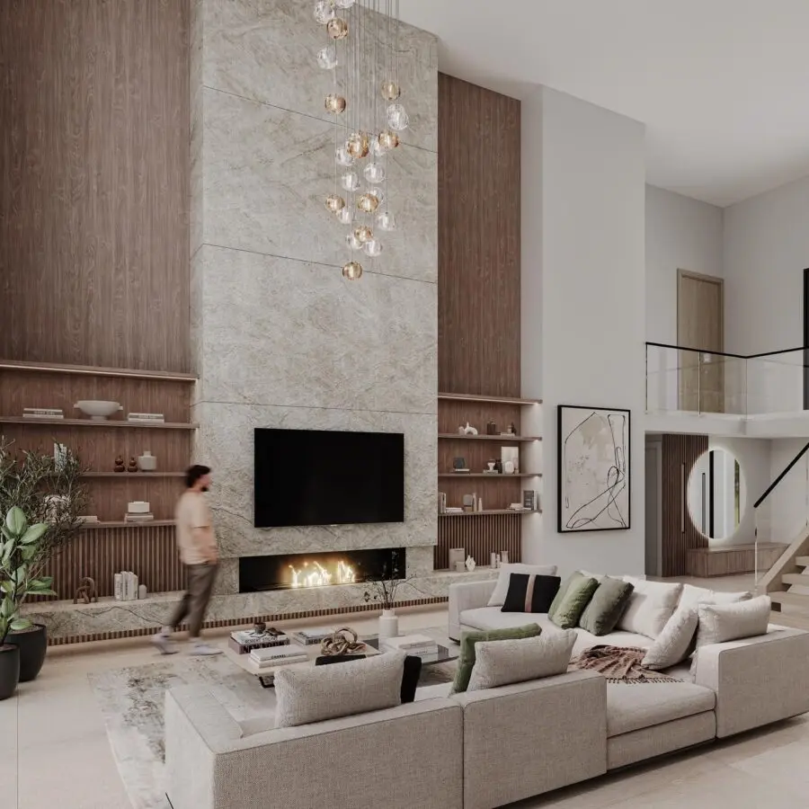 Stylish modern living room with elegant fireplace