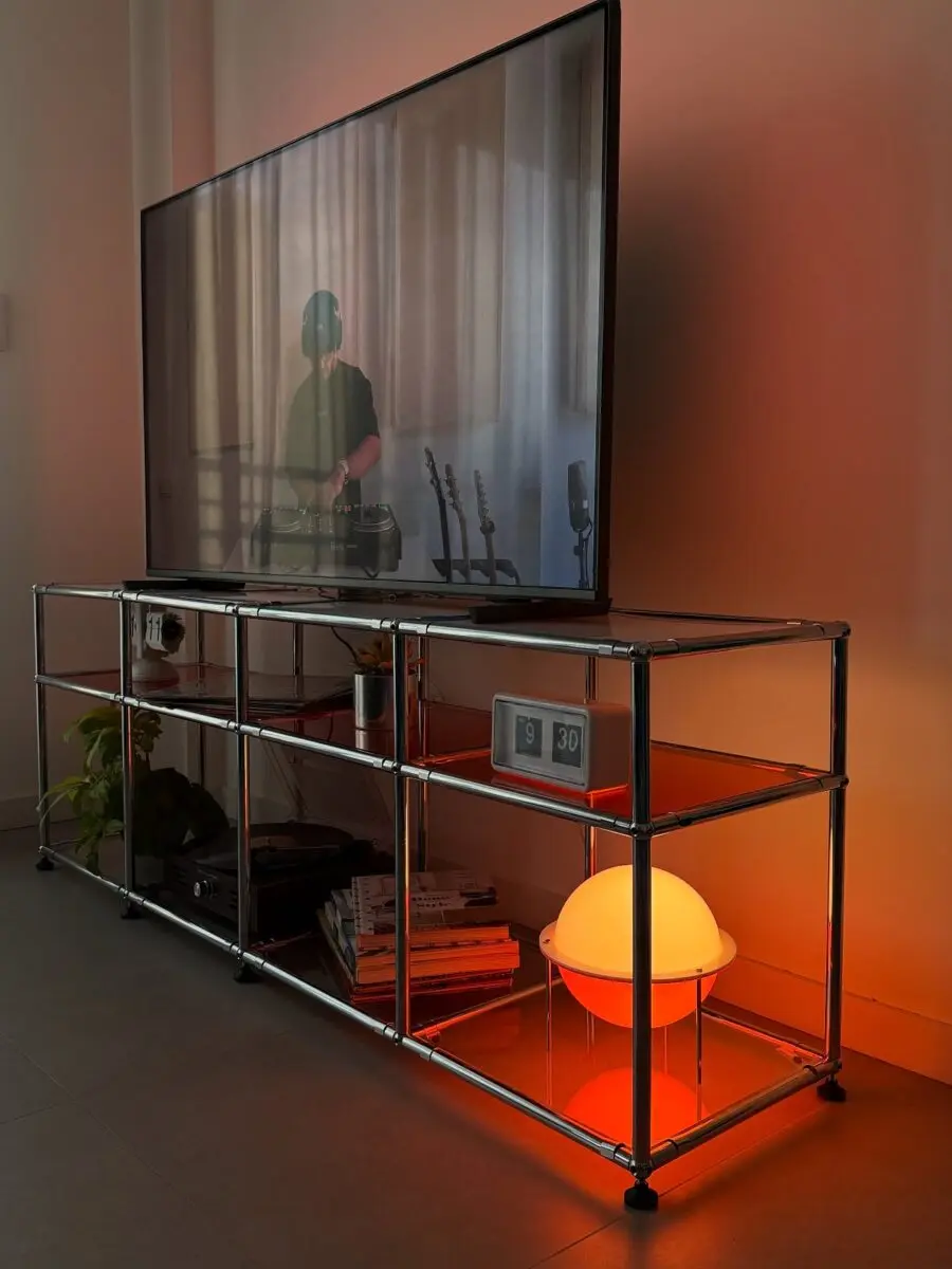 Sleek, modern TV unit with warm accents