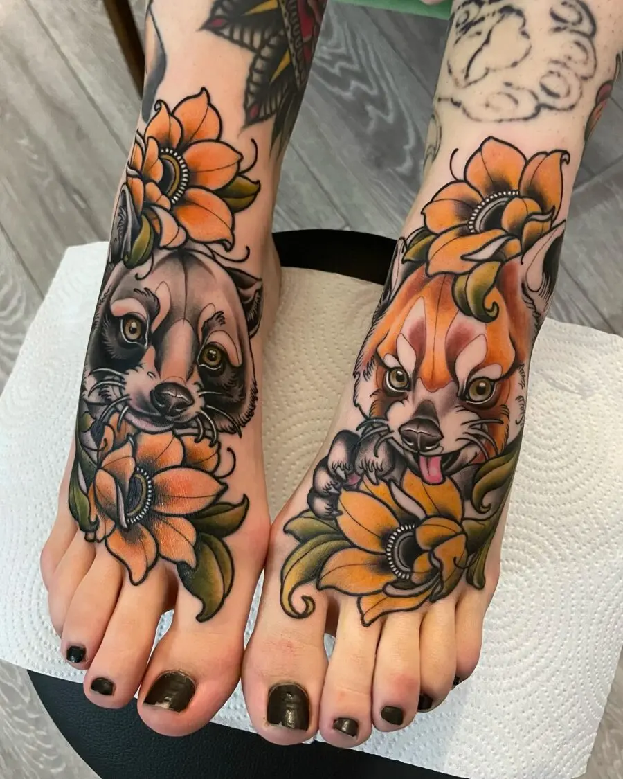 Vibrant Neo-Traditional Animal Tattoos with Flowers