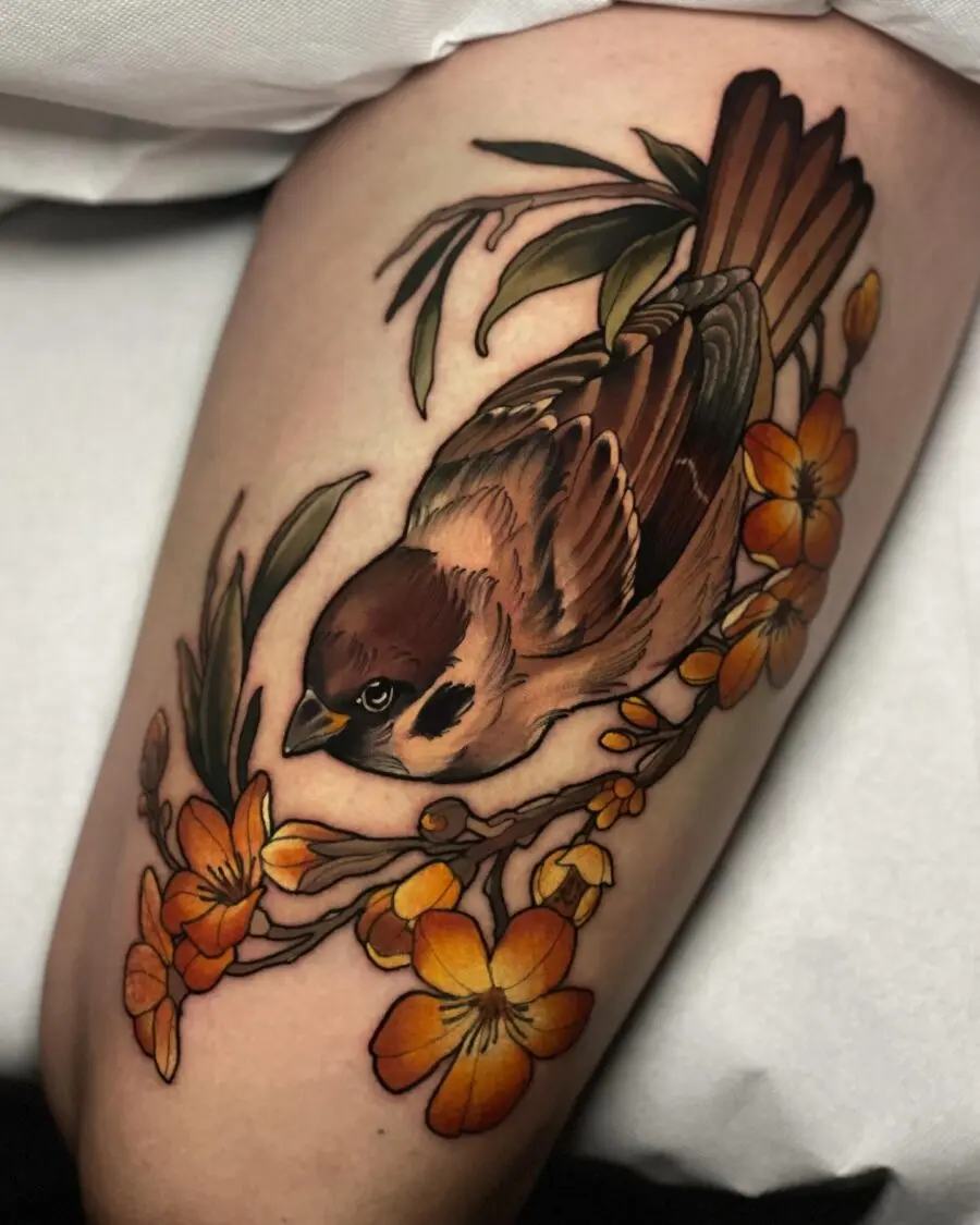 Vibrant bird among beautiful floral accents