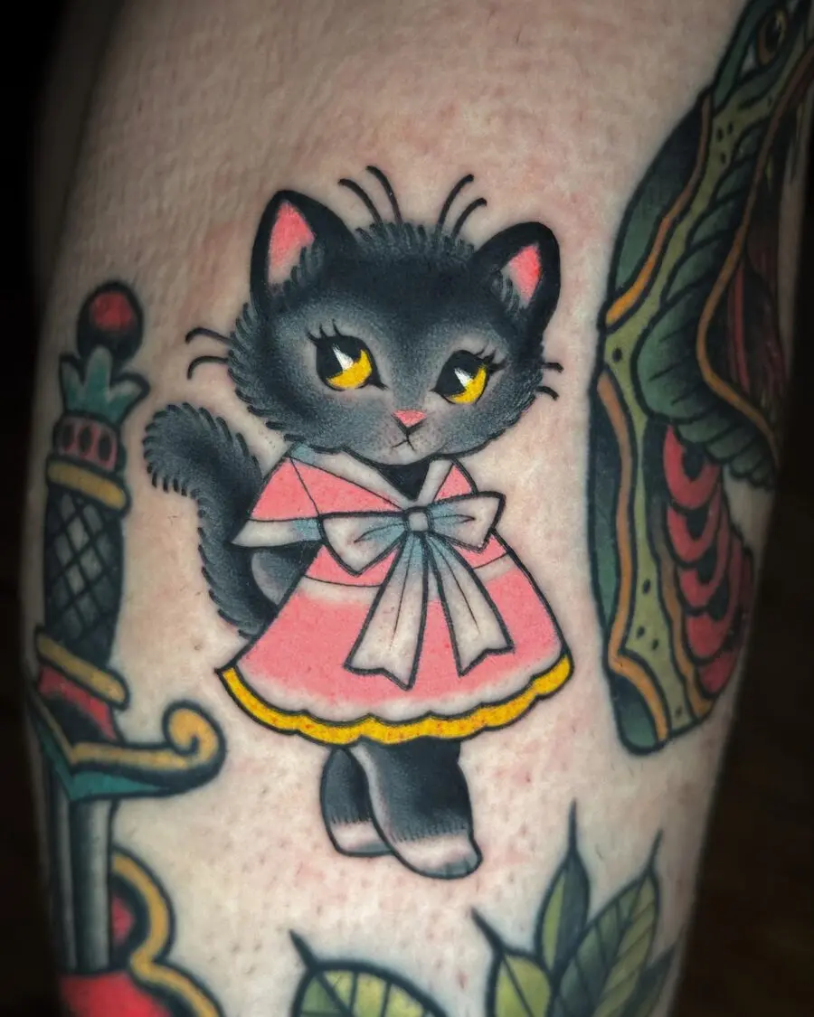 Adorable neo-traditional kitten in pink dress