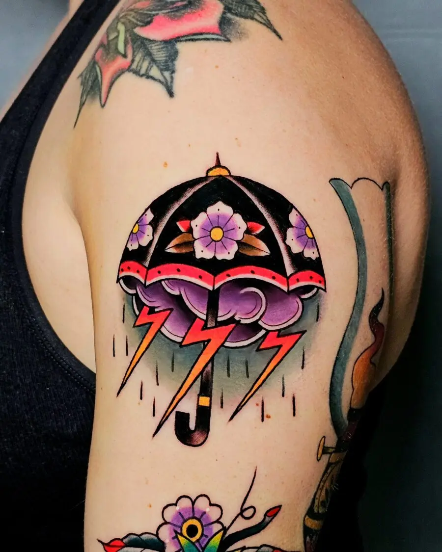 Vibrant Umbrella Tattoo with Floral Elements