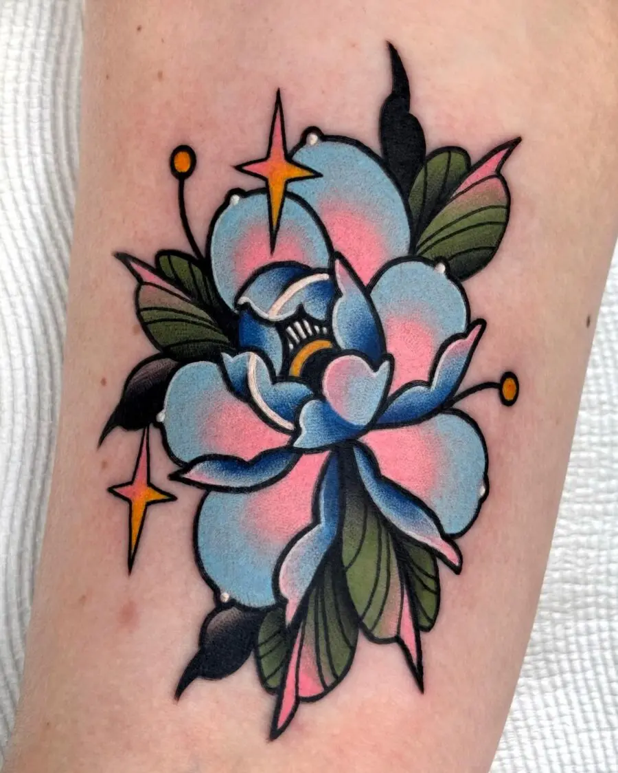 Vibrant neo-traditional floral tattoo design